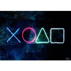 Fotobehang met neonverlichte PlayStation-symbolen op een donkere achtergrond in een strak, futuristisch ontwerp.