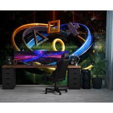 Fotobehang met PlayStation-symbolen en ringen in een gamekamer met kosmisch, futuristisch thema.