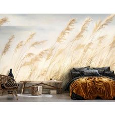 Fotobehang van sierlijke pluimen in een kalme slaapkamer met natuurlijke tinten.