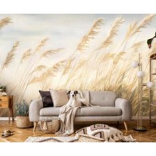 Fotobehang met wuivende pluimen in de wind, geplaatst in een moderne woonkamer.