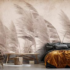 Fotobehang met pluimen in zachte kleuren en een vintage design. Perfect voor een rustgevende en klassieke sfeer in een slaapkamer.