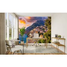 Fotobehang Positano bij zonsondergang in het kantoor met inspirerend zeezicht.