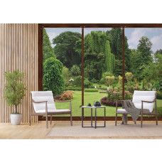 Een fotobehang met een raamzicht op een botanische tuin, met weelderige planten en bloemen, dat een rustgevende en natuurlijke sfeer biedt in een bedrijfsruimte.