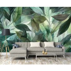 Fotobehang met gelaagde groene bladeren in moderne botanische stijl in een woonkamer.