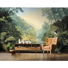 Fotobehang van een junglelandschap met rivier in een modern en natuurlijk ingericht kantoor.