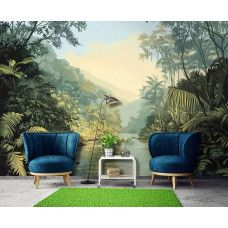 Fotobehang van een jungle met een rivier, geplaatst in een sfeervolle woonkamer.