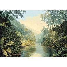 Fotobehang met een kronkelende rivier die door dichte jungle en tropische begroeiing stroomt.