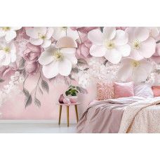 Fotobehang romantisch bloemenboeket in slaapkamer met dromerige witte bloemen en zachte kleuren.