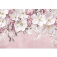 Fotobehang romantisch bloemenboeket met witte bloemen, roze rozen en zachte pastelachtergrond.