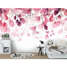 Fotobehang met verfijnde roze bladeren in aquareltechniek in een rustgevende kinderkamer.