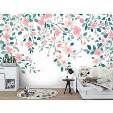 Fotobehang met roze bloesemtakken in een vrolijke woonkamer.