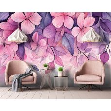 Fotobehang met roze en paarse bloemen in een romantische woonkamer.