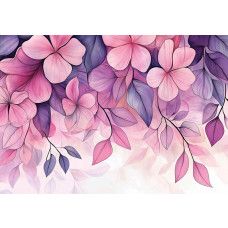 Fotobehang met roze en paarse bloemen en bladeren op een zachte achtergrond.