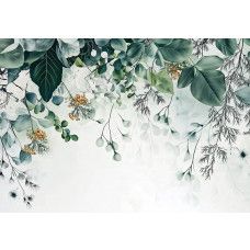 Fotobehang met een rustgevende botanische compositie van bladeren in zachte groentinten en natuurlijke vormen.