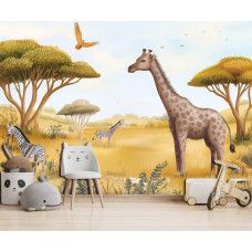 Fotobehang safari dieren avontuur in kinderkamer met vrolijke dieren en zachte kleuren.