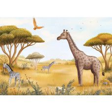 Fotobehang safari dieren avontuur met giraffe, zebra’s en savannelandschap in getekende stijl.