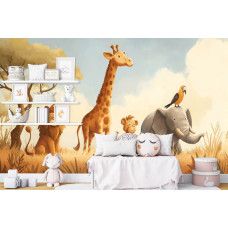 Fotobehang safari dieren in de savanne in een babykamer met warme tinten en speelse details.