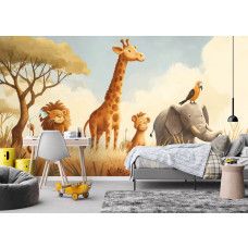 Fotobehang safari dieren in de savanne in een jongenskamer waar kleurrijke dieren zorgen voor een levendige sfeer.
