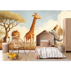 Fotobehang safari dieren in de savanne in een kinderkamer met vrolijke en avontuurlijke uitstraling.