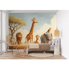 Fotobehang safari dieren in de savanne in een meisjeskamer met natuurlijke kleuren en illustratieve dieren.