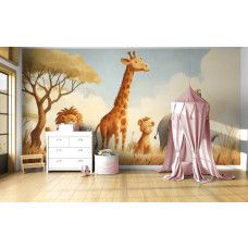 Fotobehang safari dieren in de savanne in een kinderkamer van een meisje dat een creatieve en ontspannen sfeer uitstraalt.
