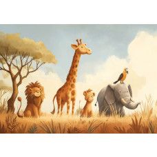 Fotobehang met safari dieren in de savanne, waaronder een leeuw, giraf, olifant, jong leeuwtje en een vogel.