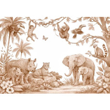 Fotobehang safari dieren terracotta met illustraties van een olifant met jong, een neushoorn met kalf, een luipaard op een rots, apen in boomtakken en tropische vogels tussen palmbomen en jungleplanten.