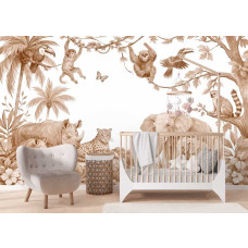 Fotobehang safari dieren terracotta in een babykamer met een olifant met jong, een neushoorn met kalf en apen tussen zachte tropische bladeren.