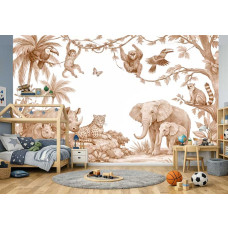 Fotobehang safari dieren terracotta op maat te bestellen te zien in een jongenskamer met olifanten, neushoorn, luipaard en apen tussen tropische bladeren en palmbomen.