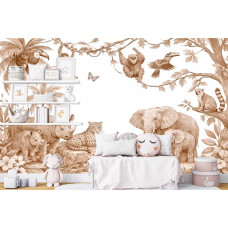 Fotobehang safari dieren terracotta op de muur van een kinderkamer met apen in boomtakken, een luipaard op een rots en tropische vogels tussen bladeren.