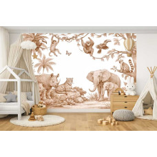 Fotobehang safari dieren terracotta te zien in een kinderkamer met olifant, neushoorn, luipaard en apen tussen tropische planten en palmbomen.