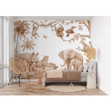Fotobehang safari dieren terracotta in een meisjeskamer met illustraties van een olifant met jong, een neushoorn en een luipaard tussen tropische planten.