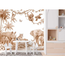 Fotobehang safari dieren terracotta op de muur van een speelkamer met safari dieren zoals een olifant, neushoorn en luipaard tussen palmbomen en jungleplanten.