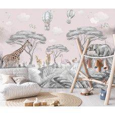 Fotobehang met vriendelijke safari- en bosdieren zoals leeuwen en giraffen. Een schattige keuze voor een babykamer.