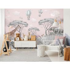 Fotobehang met een verzameling safari- en bosdieren in zachte tinten. Ideaal voor een inspirerende uitstraling in een jongenskamer.