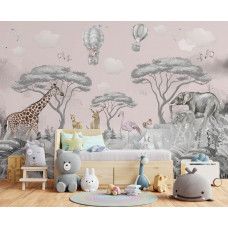 Fotobehang met safari- en bosdieren in pastelkleuren. Perfect voor een kinderkamer met een avontuurlijke uitstraling.