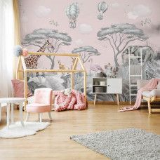 Fotobehang met safari- en bosdieren in warme kleuren. Dit fotobehang brengt een vrolijke sfeer in een meisjeskamer.