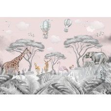 Fotobehang met schattige safari- en bosdieren zoals olifanten, giraffen en herten in zachte tinten.
