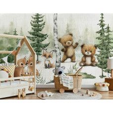 Fotobehang schattige bosdieren met beren en hertjes in een babykamer met lieve bosdieren.