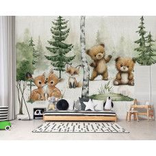 Fotobehang schattige bosdieren met beren en hertjes in een kinderkamer met vrolijke illustratie.