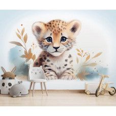 Een fotobehang van een schattige kleine leeuw met een speels ontwerp in een babykamer en kinderkamer.