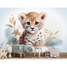 Een fotobehang van een schattige kleine leeuw in een rustige babykamer.