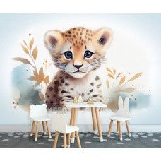 Een fotobehang van een schattige kleine leeuw in een vrolijke speelkamer.