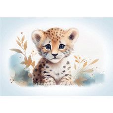 Fotobehang van een schattige kleine leeuw, een baby welp in een speelse omgeving.