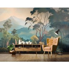 Fotobehang met een panoramisch berglandschap in een professioneel en inspirerend kantoor.