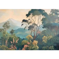 Fotobehang met een schilderachtig berglandschap met groene heuvels, besneeuwde toppen en een blauwe lucht.