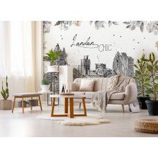 Fotobehang met de Tower Bridge en de skyline van Londen in schilderachtige stijl. Dit fotobehang voegt een elegante uitstraling toe aan een woonkamer.