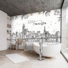 Fotobehang met San Francisco en de Golden Gate Bridge in zachte schilderachtige tinten. Dit fotobehang creëert een serene ambiance in een badkamer.