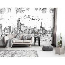 Fotobehang met de Golden Gate Bridge en de skyline van San Francisco in schilderachtige stijl. Dit fotobehang brengt een moderne en unieke uitstraling in een woonkamer.