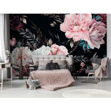 Fotobehang met schilderachtige bloemen op een zwarte achtergrond in een slaapkamer.